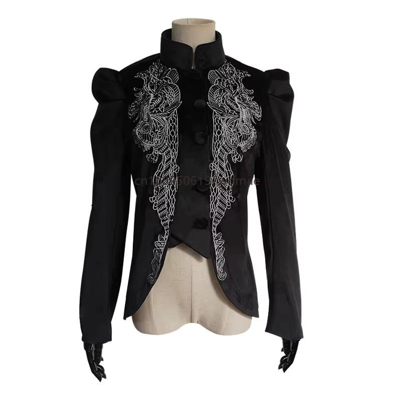 Veste noire gothique pour femme, style vintage victorien, brodée, col montant, dos corset, à lacets,