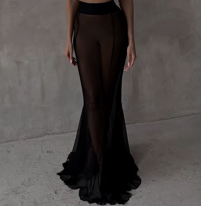 Mode Sexy jupe transparente pour les femmes élégant noir blanc taille haute paquet hanche jupes long