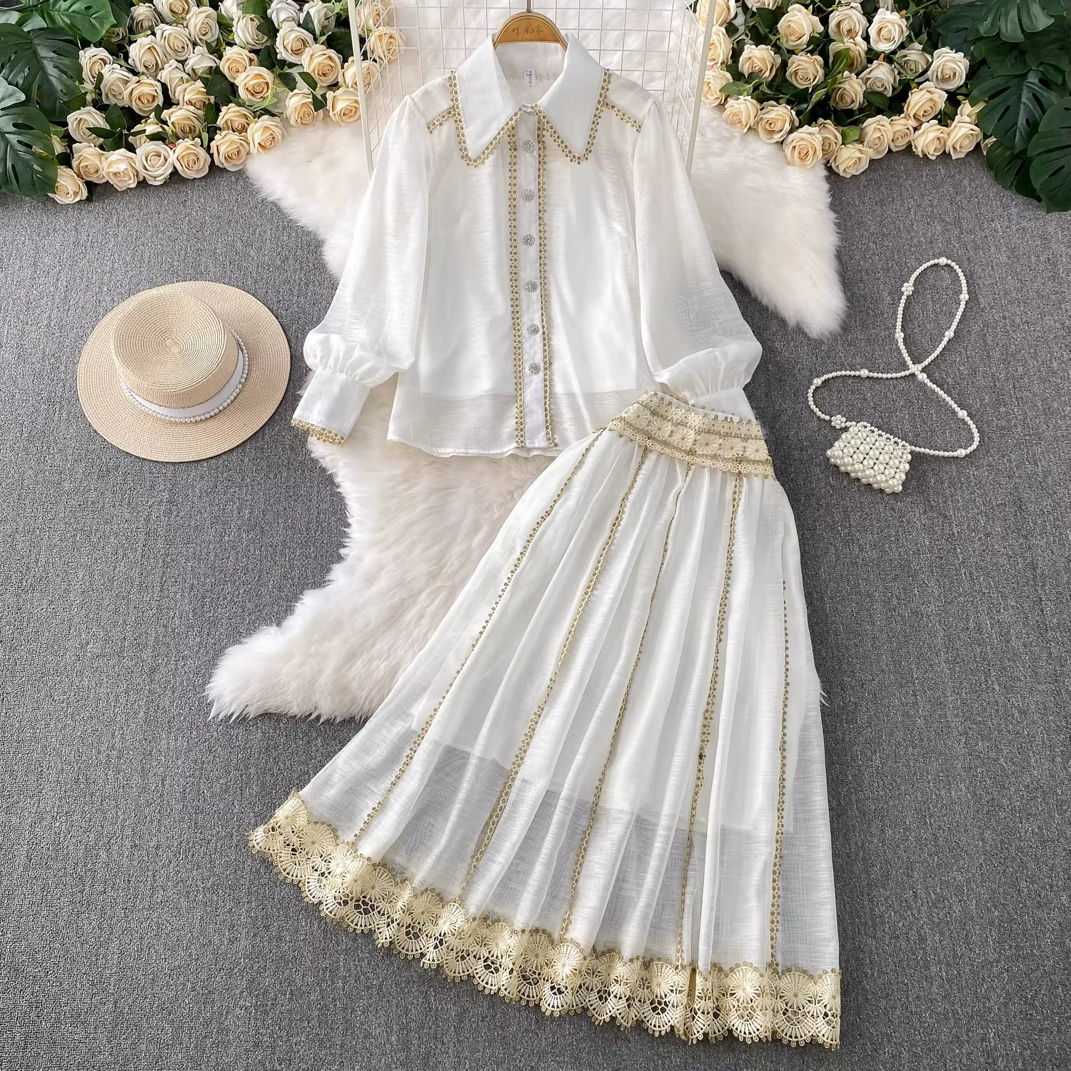 Chemise élégante jupe costume femmes à manches longues dentelle épissure T-Shirt taille haute jupes 