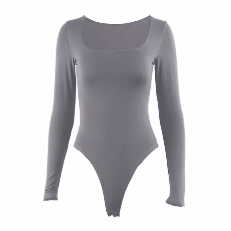 Body à manches longues pour femmes, col carré, couleur unie, moulant, élastique, barboteuse, Sexy, Y