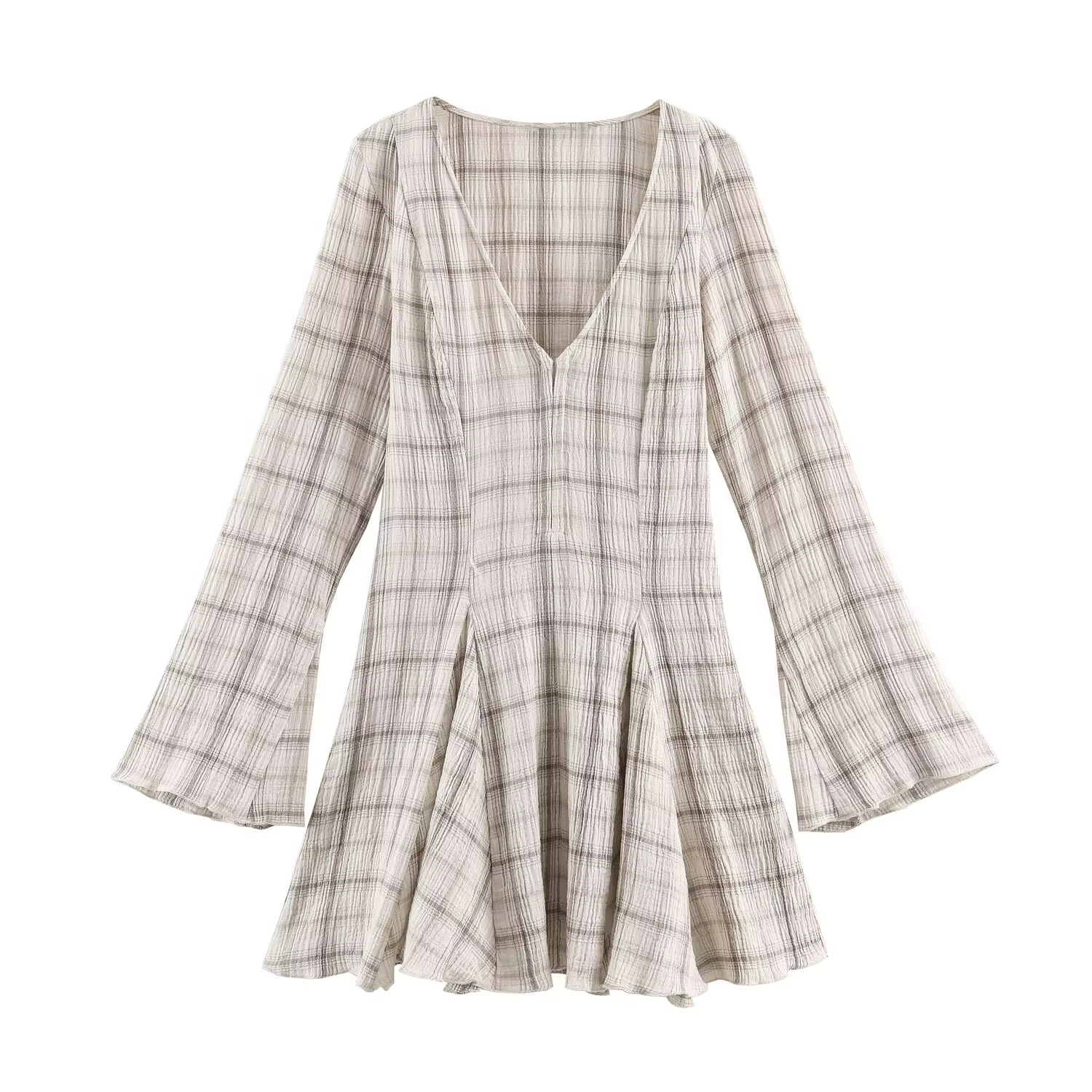 Robe courte à volants à carreaux beige pour femmes 2026 Coupe ajustée Manches longues Col en V Mini