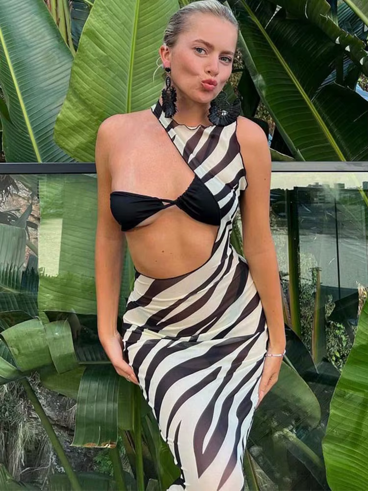 Robe longue de plage imprimée zèbre, Cover-Up, Sexy, maille transparente, Maxi, rayée, découpée, mou