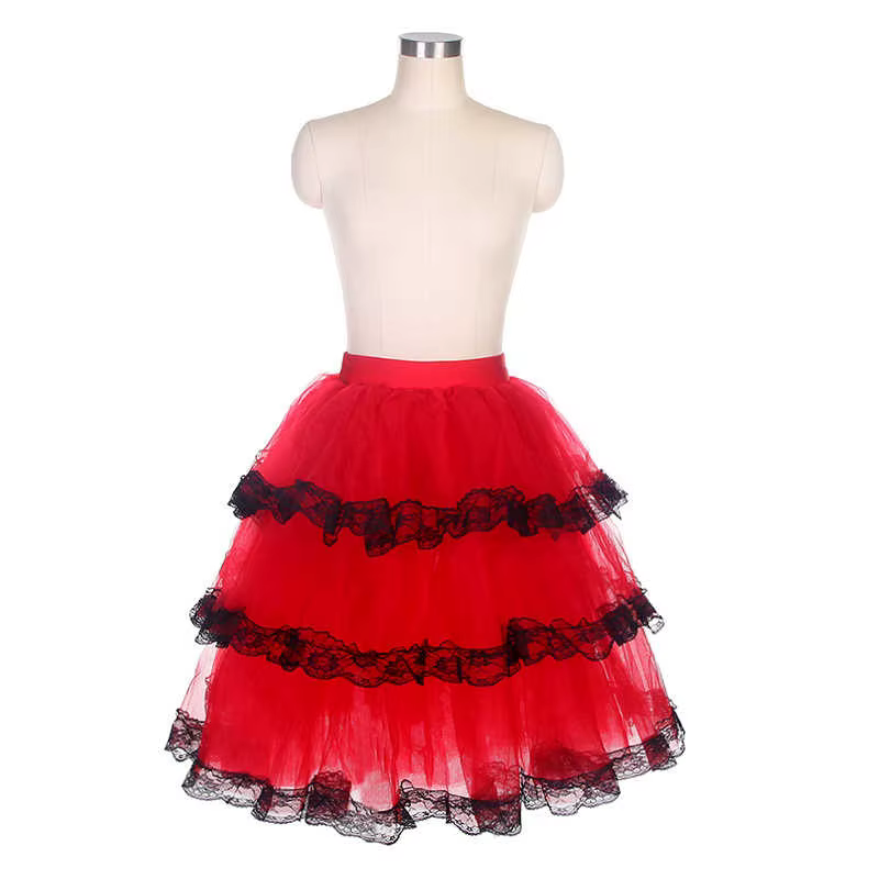 Jupe espagnole rouge pour femme, en tulle superposé, style ballet, avec bordure en dentelle noire, d