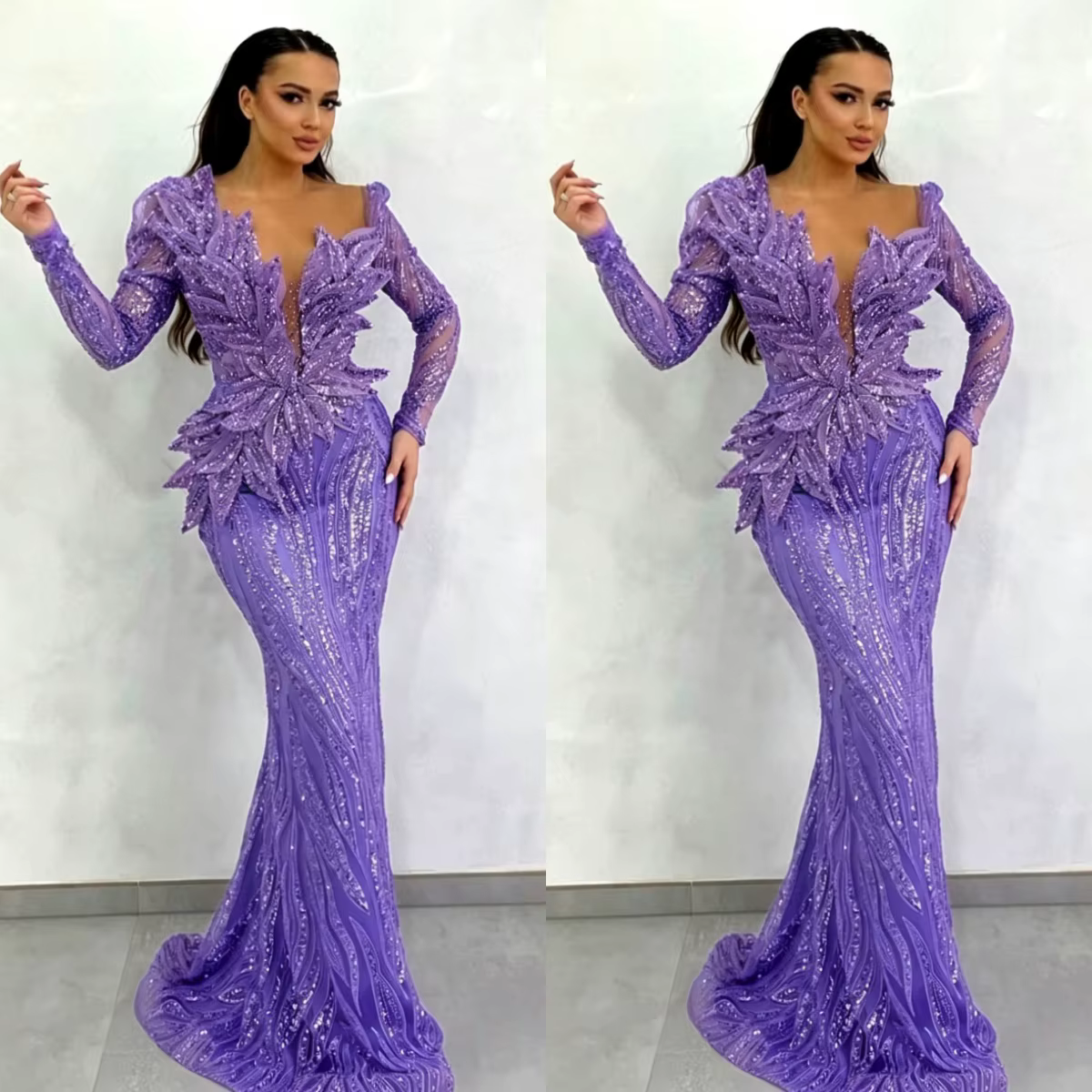 Robe de bal lilas à col en V et manches longues avec motif feuille, robe de soirée sirène à sequins