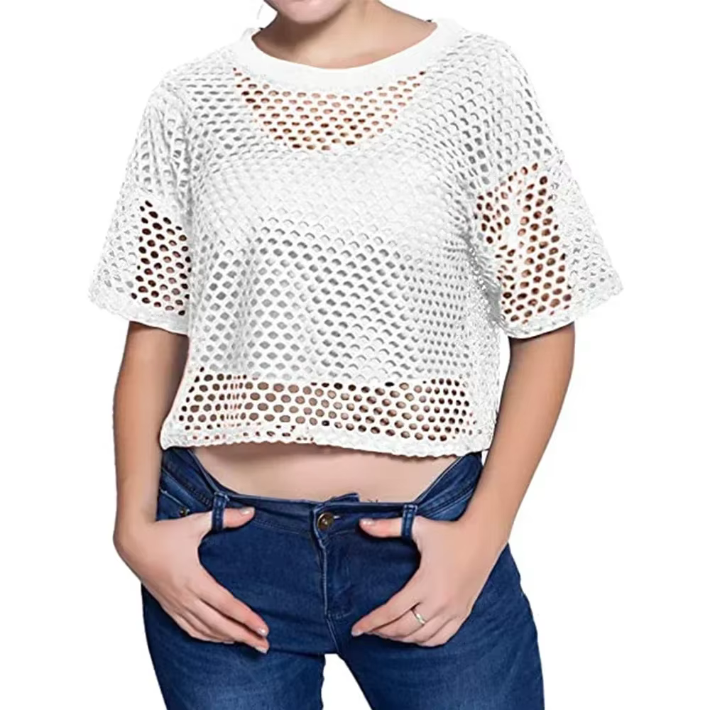 Mode dame résille Transparent culture hauts T-shirt pour femmes été à manches courtes col rond solid