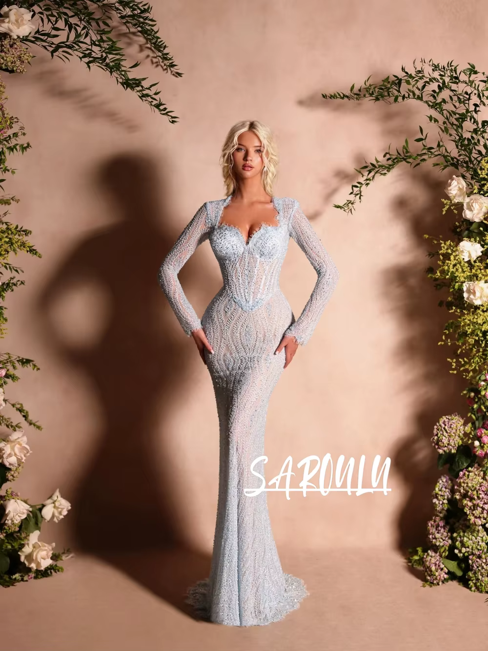 Robe de soirée bleu clair perlée pour femmes, robe de bal longue sirène élégante à col cœur, pour co
