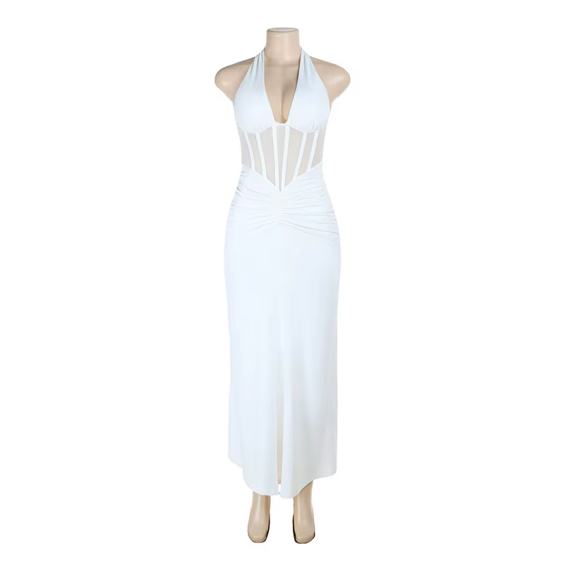 Robe longue élégante blanche pour femme, dos nu en V profond, en maille noire froncée, style halter,