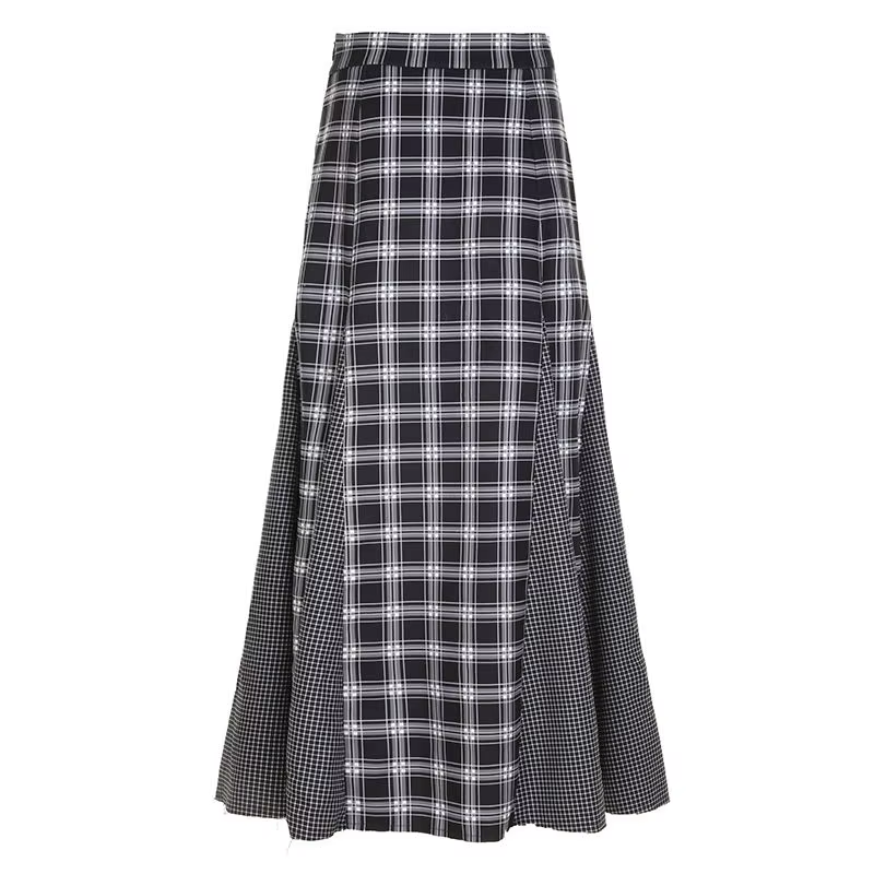 Femmes Plaid jupe longue rétro épissage taille haute jupe Version coréenne mode Plaid décontracté a-