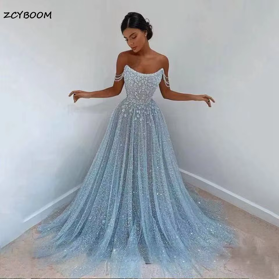 Robes de soirée longues personnalisées bleu ciel 2026, coupe trapèze, col bateau, appliques perlées,