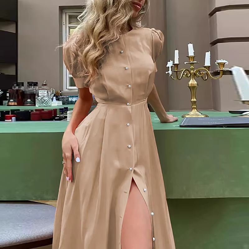 Robe mi-longue à col rond pour femmes, chemise formelle, robes bleues, robe éducative, été