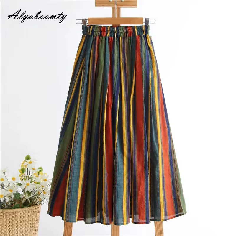 Jupe mi-longue japonaise Mori Girl pour femme, taille haute, rayée colorée, élégante, vintage, coton