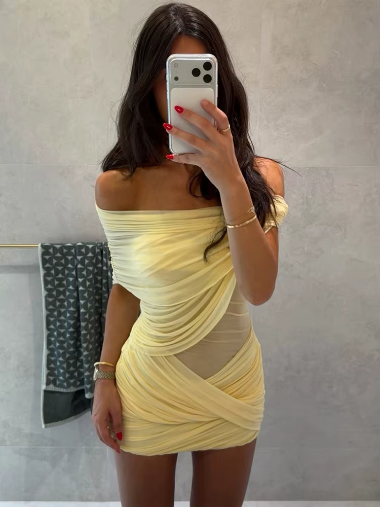 Robe longue plissée jaune élégante sans bretelles pour femme, chic, unie, sans manches, avec taille 