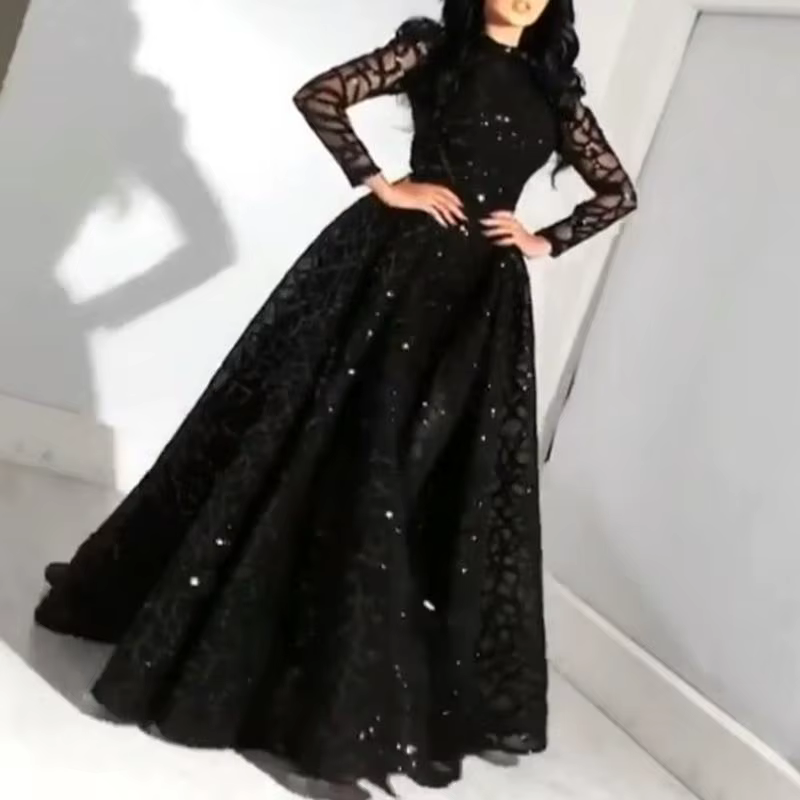 Robe de soirée à paillettes pour femme, manches longues, extensible, élégante, taille haute, grande