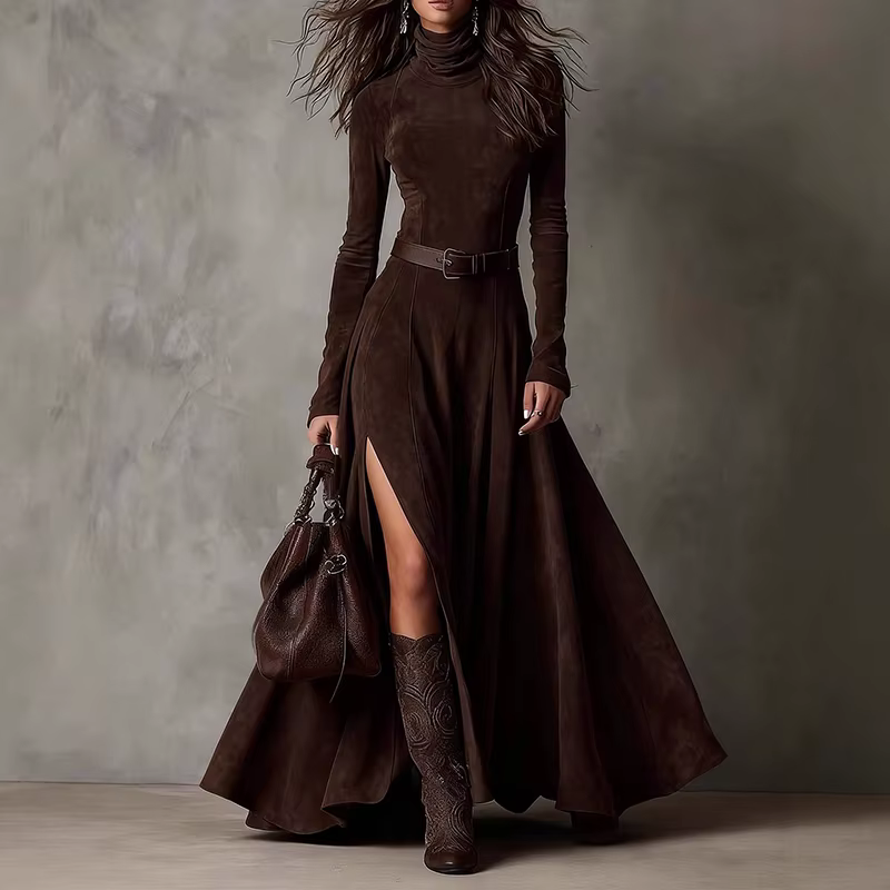 Mode femmes col roulé robe longue femmes automne hiver à manches longues a-ligne fendue robes de soi