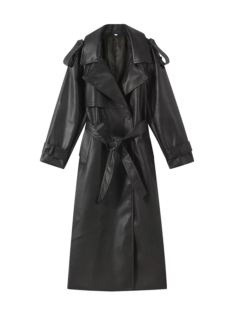 Veste en Faux cuir pour femme, revers, Double boutonnage, vestes longues à lacets, épaulettes, manch