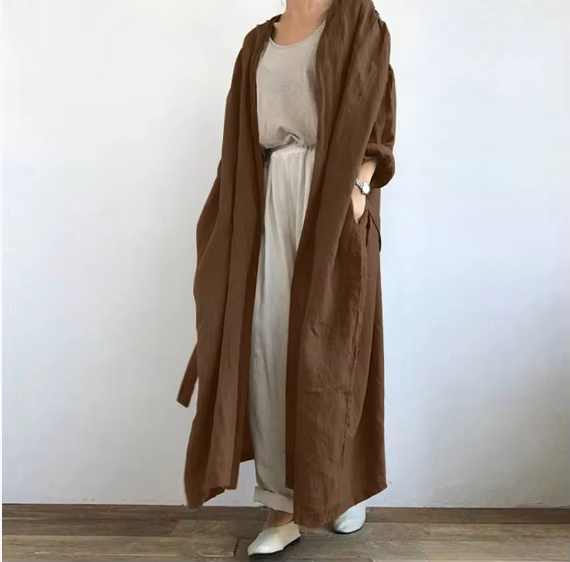 Cardigan long en coton pour femme, chemisier décontracté, manches longues, monochromatique, combinai
