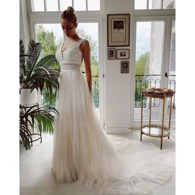 Robes De mariée bohème personnalisées col en V Appliques dentelle Tulle ivoire robes De bal élégante