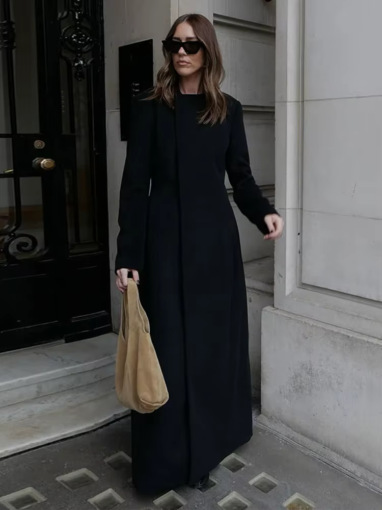 Manteau Long en laine à col rond pour femme, élégant, manches longues, cintré à la taille, veste cha