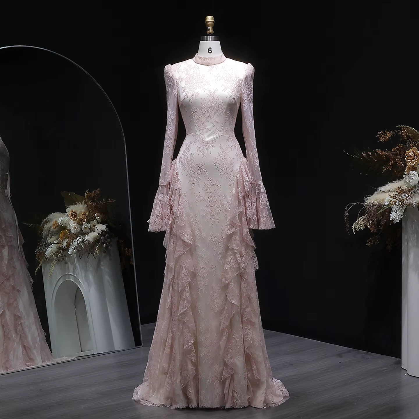 Sharon Said – robe de soirée rose, col haut, manches longues, Simple, à lacets, pour femmes, robe de