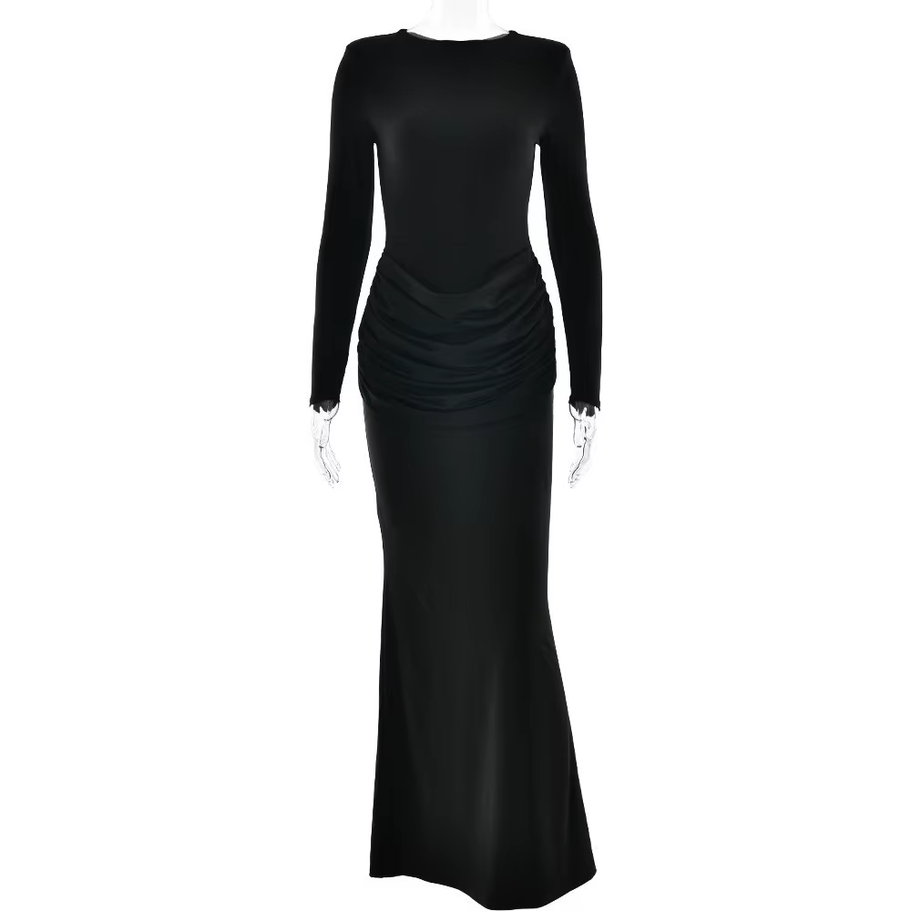 Robe longue moulante sexy à la mode à manches longues, jupe ajustée plissée de couleur unie en patch
