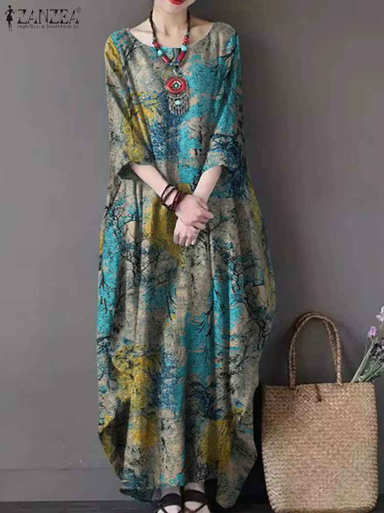 ZANZEA-Robe longue vintage bohème pour femme, robe d'été élégante à imprimé floral, robe décontracté