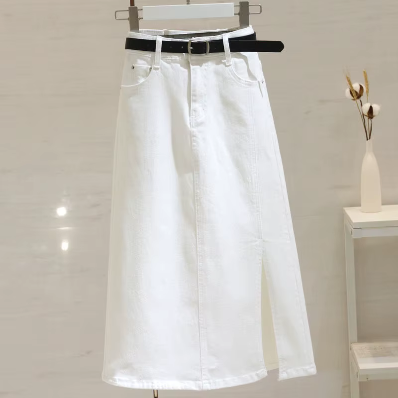 Jupe en jean blanche taille haute 2026 Nouvelle jupe fendue mi-longue et longue en forme de A pour f