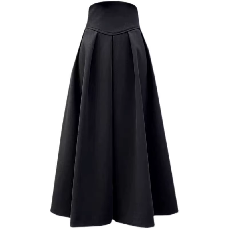 Jupe longue pour femmes automne et hiver taille haute plissée Patchwork mince jupe mi-longue noir a-