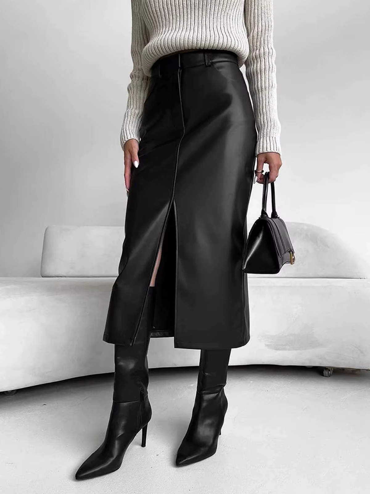 Jupe en cuir taille haute femmes fente avant printemps automne jupe longue taille haute bureau dame 
