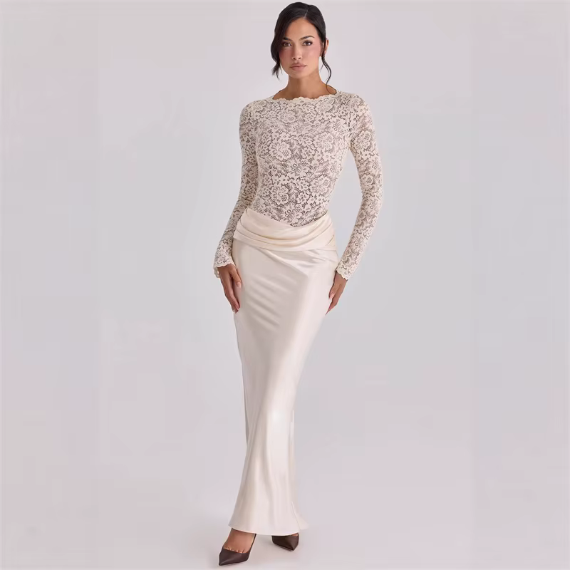 Robe de bal élégante en dentelle à manches longues, coupe ajustée, en satin, longue, pour soirée, cé