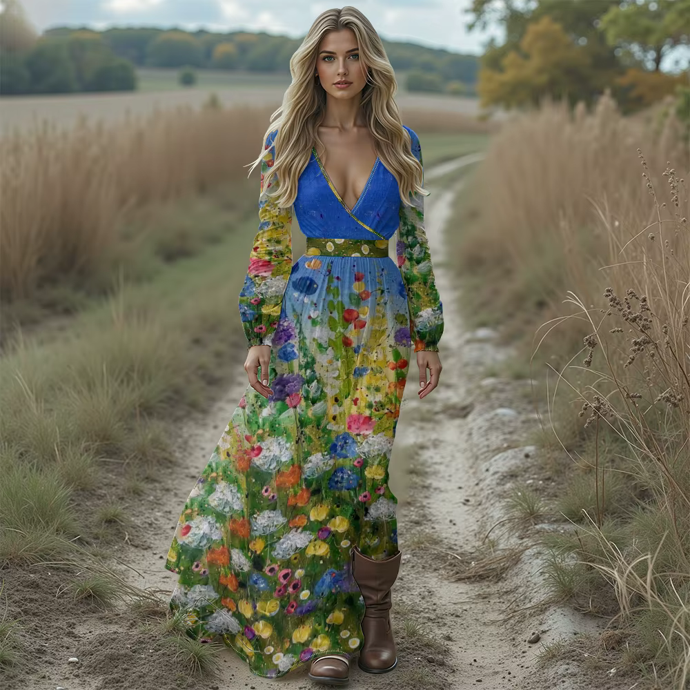 Boho Chic col en v profond imprimé fleuri robe Maxi à manches longues à volants ourlet robe pour vac