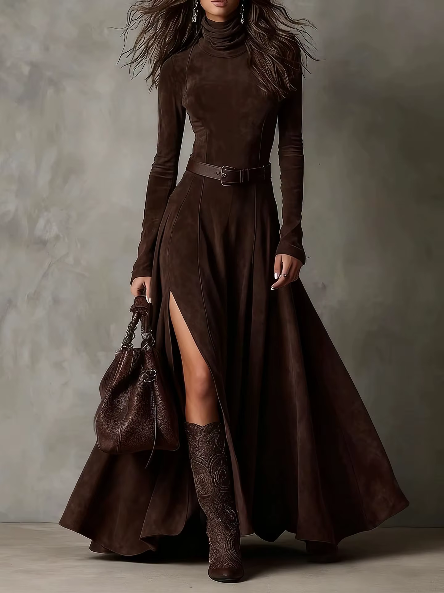 Robe élégante à manches longues et col montant pour femme, nouvelle collection 2026