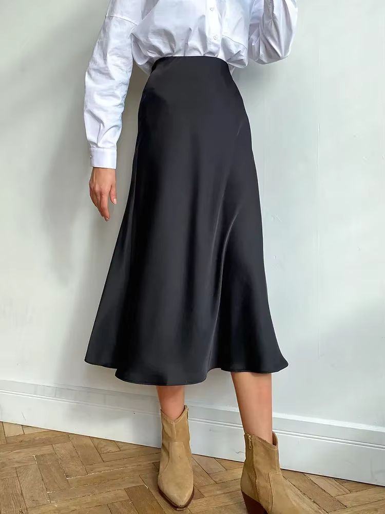 Longue Jupe Midi en Satin pour Femme, Élégante, Taille Haute, Verte, Bureau, Ligne A, Solide, Vintag