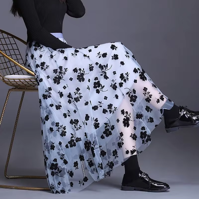 Nouvelle Jupe Midi Plissée en Tulle Fleuri pour Femme, Élégante, Taille Haute, Style Coréen, Décontr