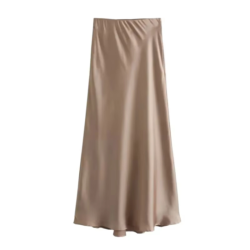 HXAO 2025 jupes pour femmes jupe en Satin noir été élégant femmes jupes mi-longues taille haute jupe