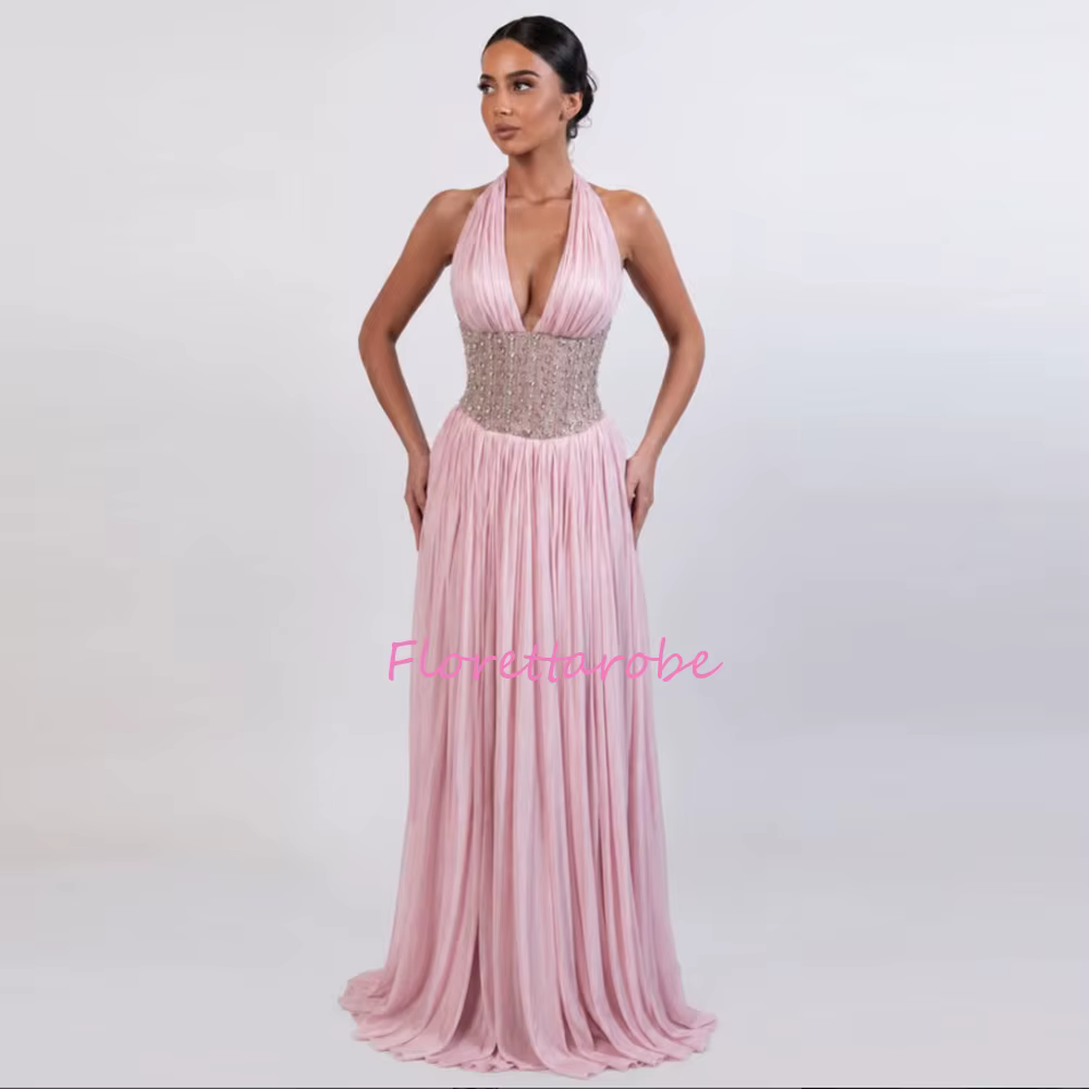 Robes de soirée A-Line à col halter, plissées, col en V, avec appliques perlées, rose, longues, pers