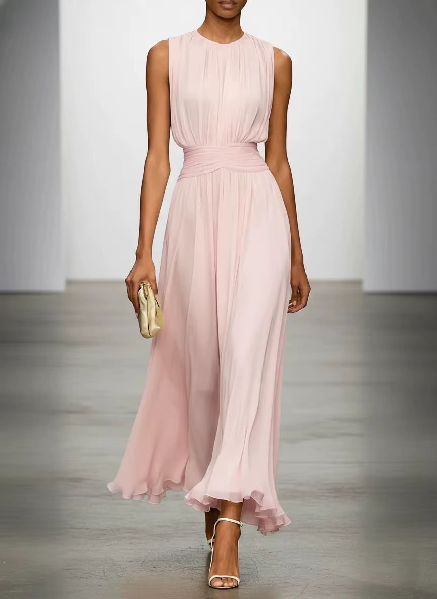 Robes longues élégantes pour femmes, été 2026, mode, couleur unie, sans manches, col rond, robe maxi