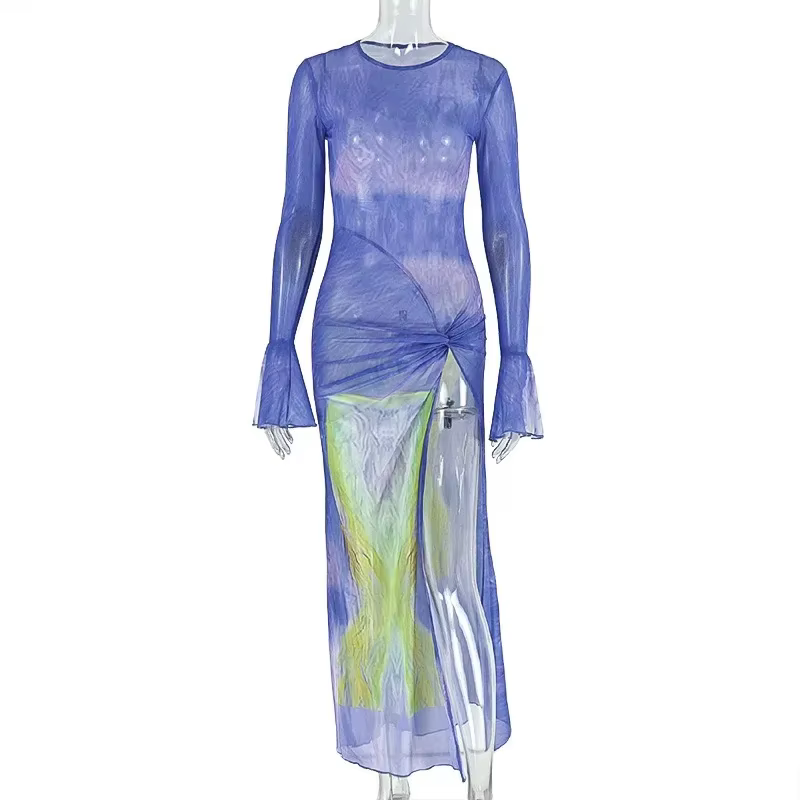 Robe longue plissée fendue à col rond et manches longues évasées en gaze imprimée dégradée pour femm