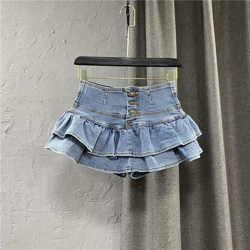 Jupe Courte Plissée Imprimée en Jean Bleu Taille Haute Style Y2K Rétro Mignonne Sexy Streetwear Femm