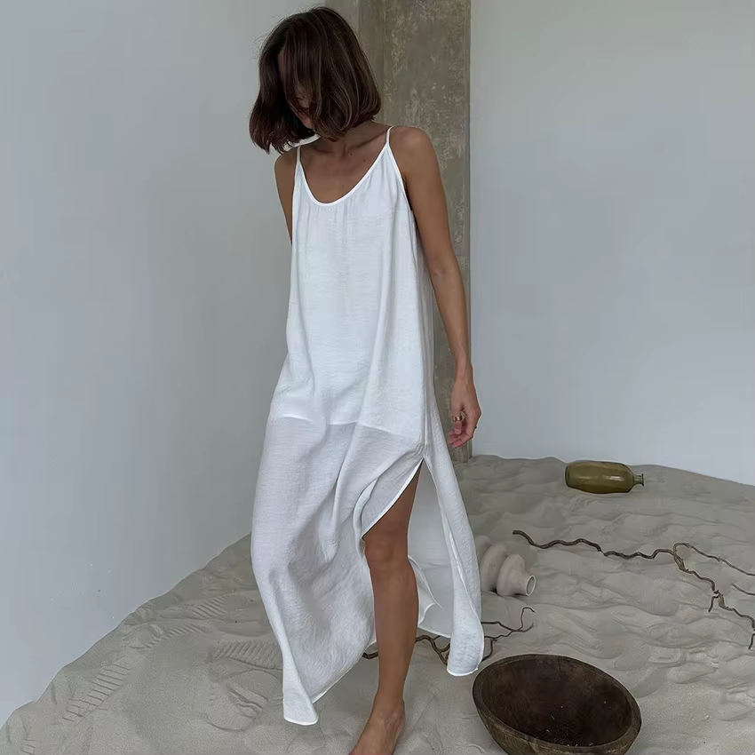 Robe longue blanche pour femme, décontractée, sexy, ample, dos nu, fendue, chic urbain, col en V, co