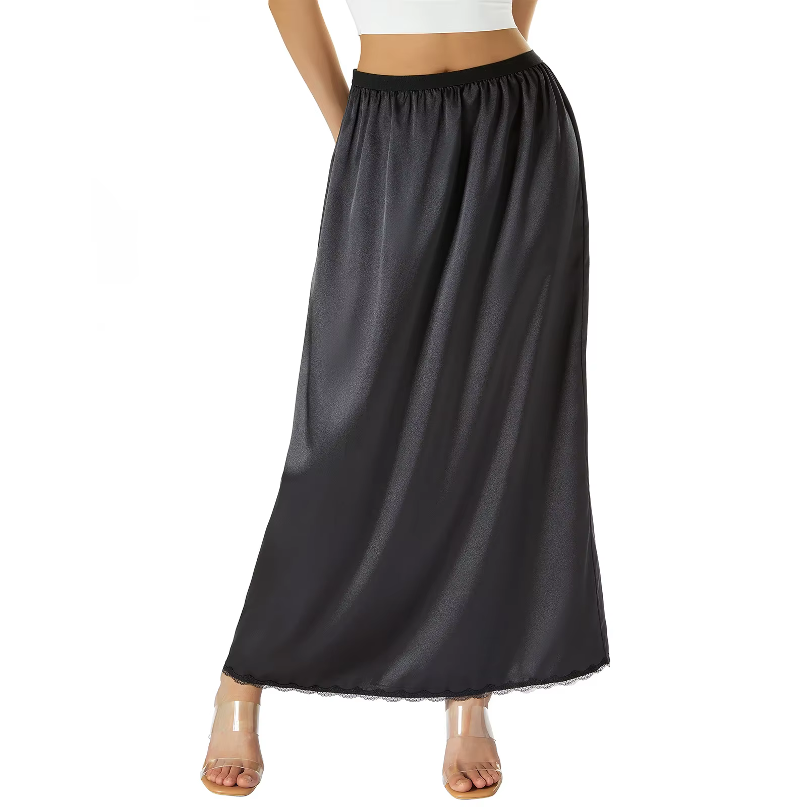Taille élastique doublure intérieure jupe Midi femmes couleur unie Satin demi-slip sous-jupe longue 