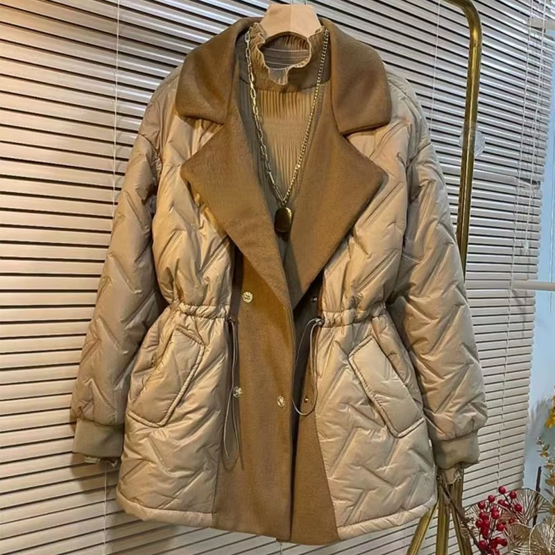 Parka longue d'hiver pour femme, veste en duvet de coton, grand revers, taille élastique, vêtements 