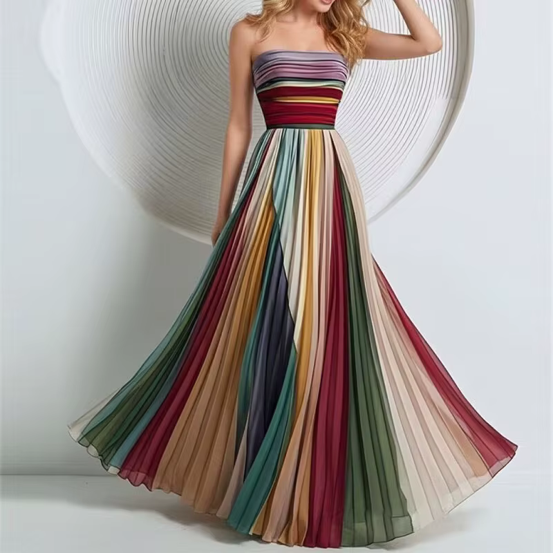 Nouvelle Robe Longue Plissée Imprimée Colorée Sexy et Élégante pour l'Été, Robe de Soirée en Tissu P