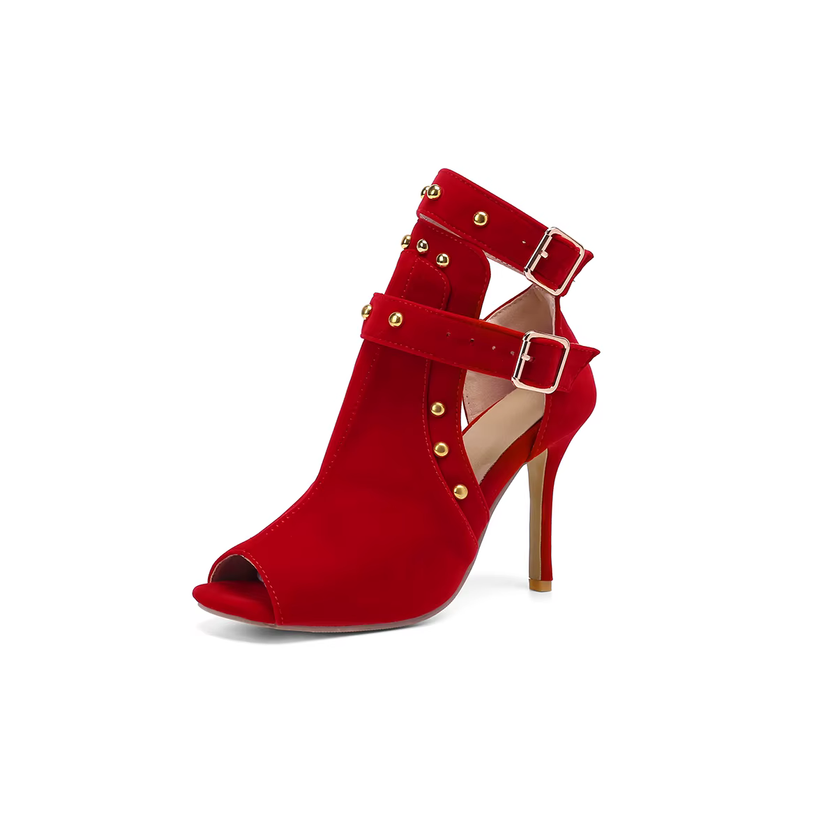 Bottines, sandales avec design creux, boucle en métal cloutée, talons hauts, bout ouvert, boucle tou