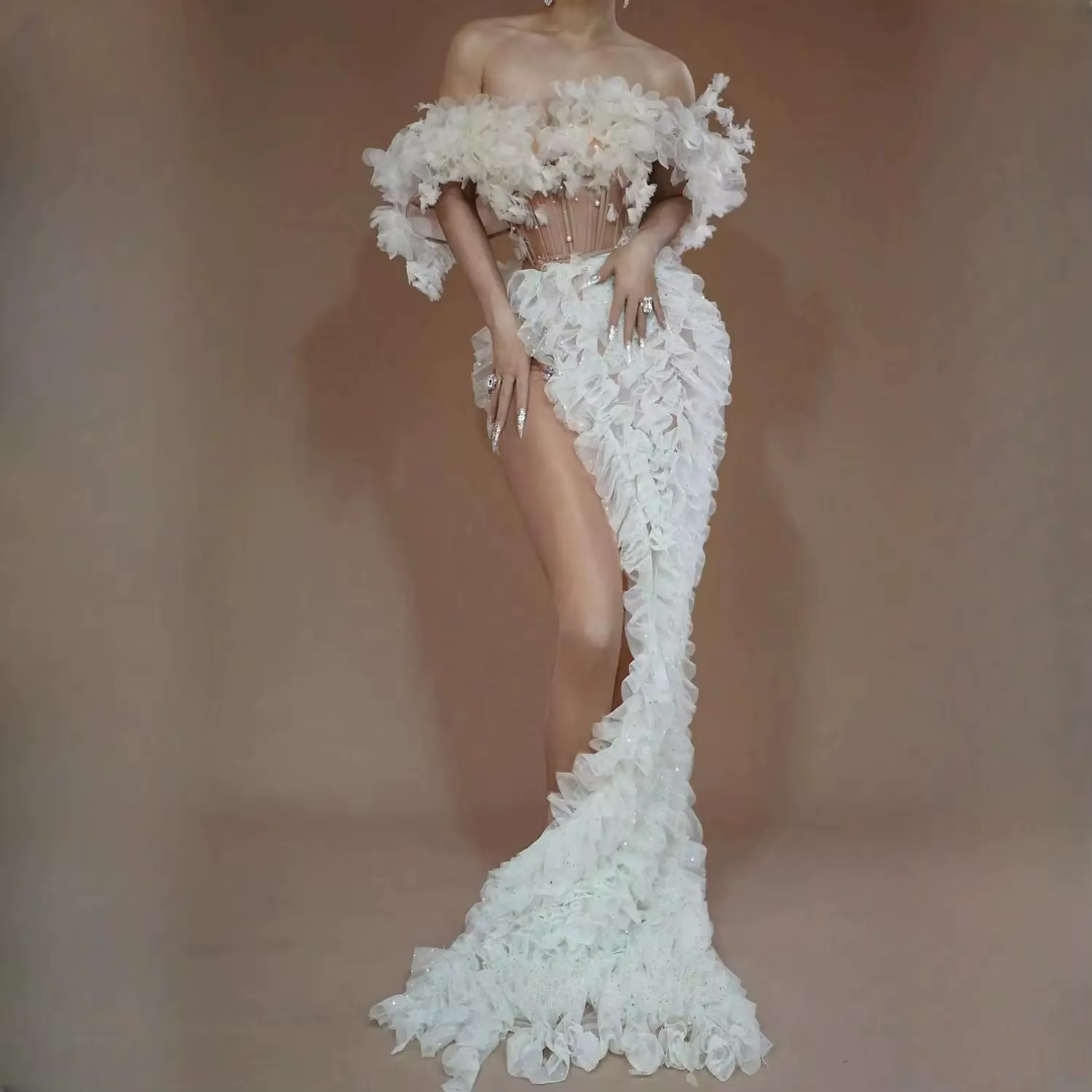 Robe en dentelle blanche à sequins pour femmes, haut et jupe sexy, tenues de fête d'anniversaire, ma