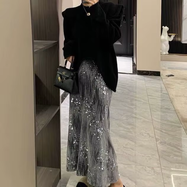 Jupe en velours à queue de poisson, jupe brodée de perles et de sequins de haute qualité, taille éla