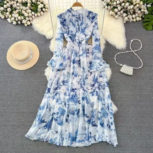 Robes longues en mousseline de soie pour femmes, style cour, imprimé floral, manches évasées, col mo
