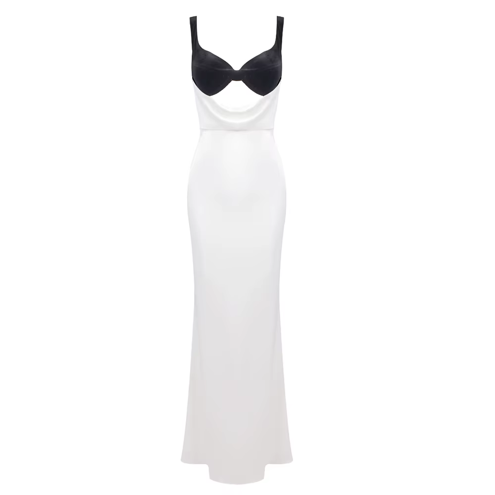 VC femmes découpé longue robe tempérament contraste couleur Combo col en V jarretelle dos nu fente m