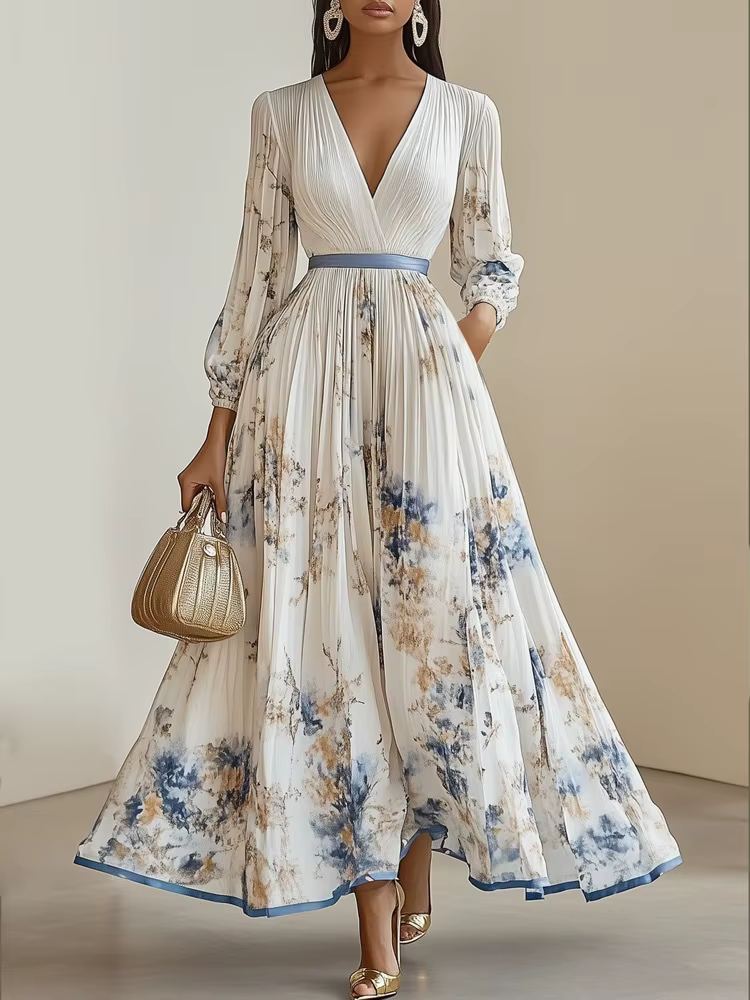 Robe Maxi élégante à manches longues pour femmes, mode d'été, Slim, imprimé Floral, col en v, robes 