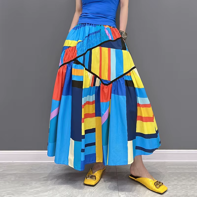Jupe trapèze à taille élastique pour femme, style coréen, longue, imprimée, bleue, poches, coupe déc