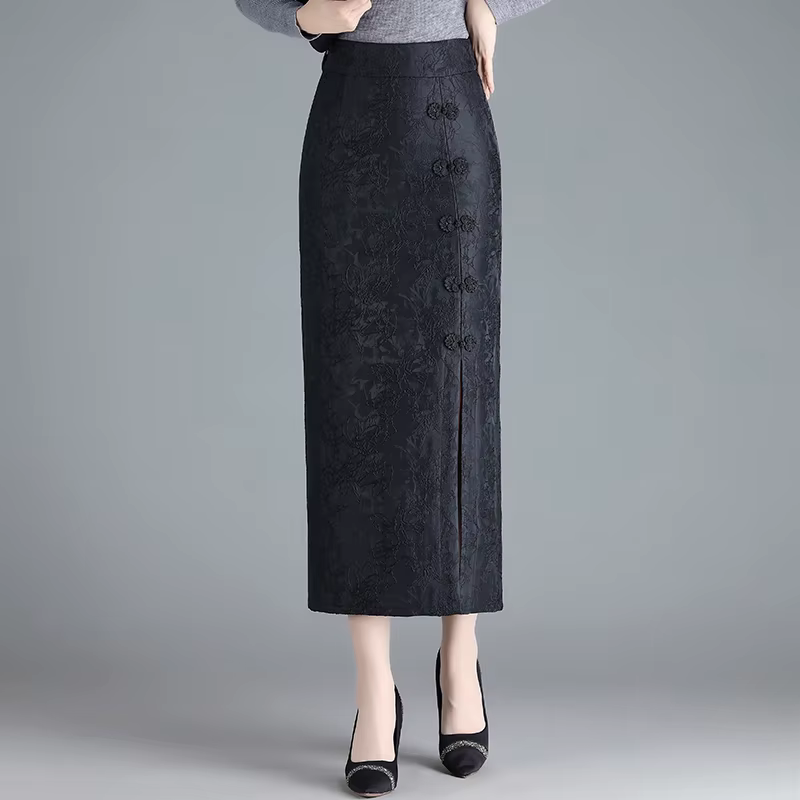 ZUZK Jacquard Noble élégant longue jupe droite nouvelle taille élastique mince automne femmes rétro 